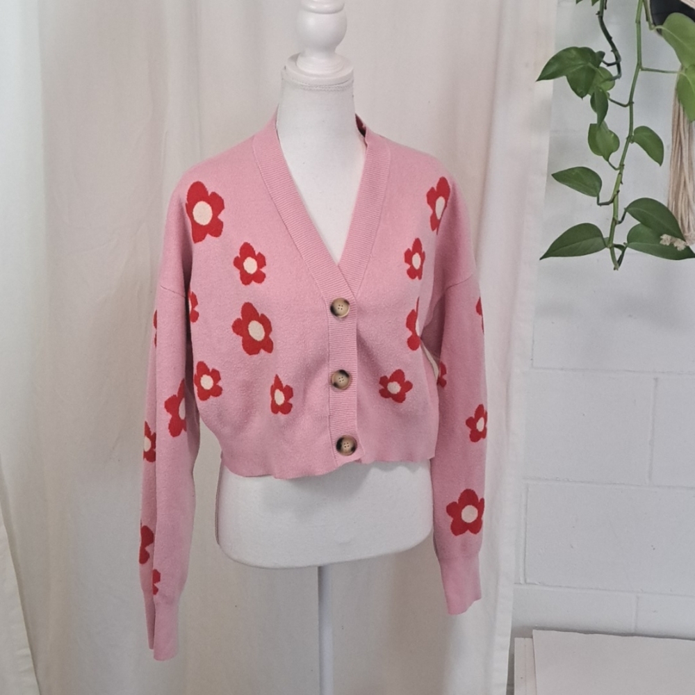 Bailey Rose strawberry flower print pink red crop cardigan szL